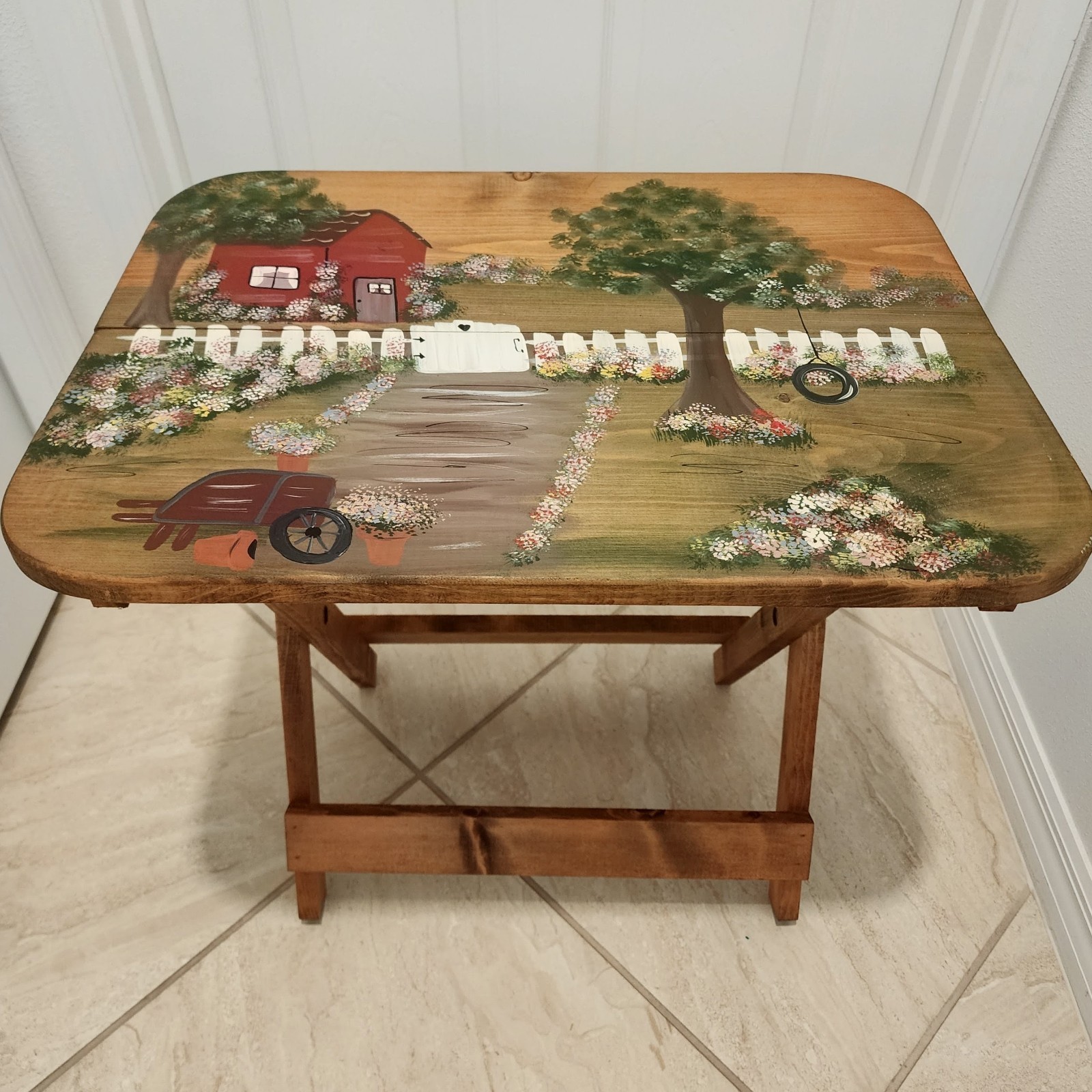 Vintage Country Folk Art Hand Painted Wooden Folding Collapsible Side Table