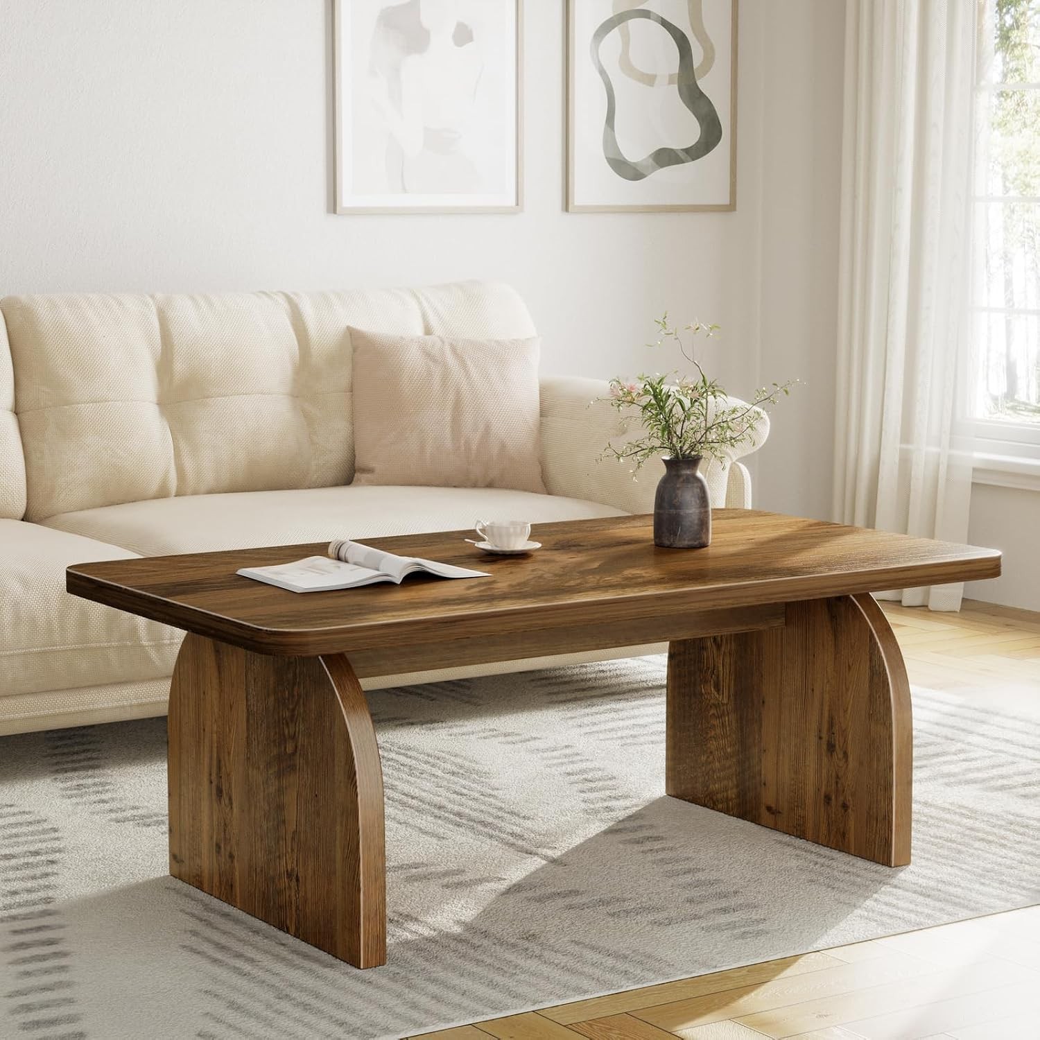 Rustic Coffee Table Living Room Farmhouse Oak Wood Rectangle Coffee Table Solid