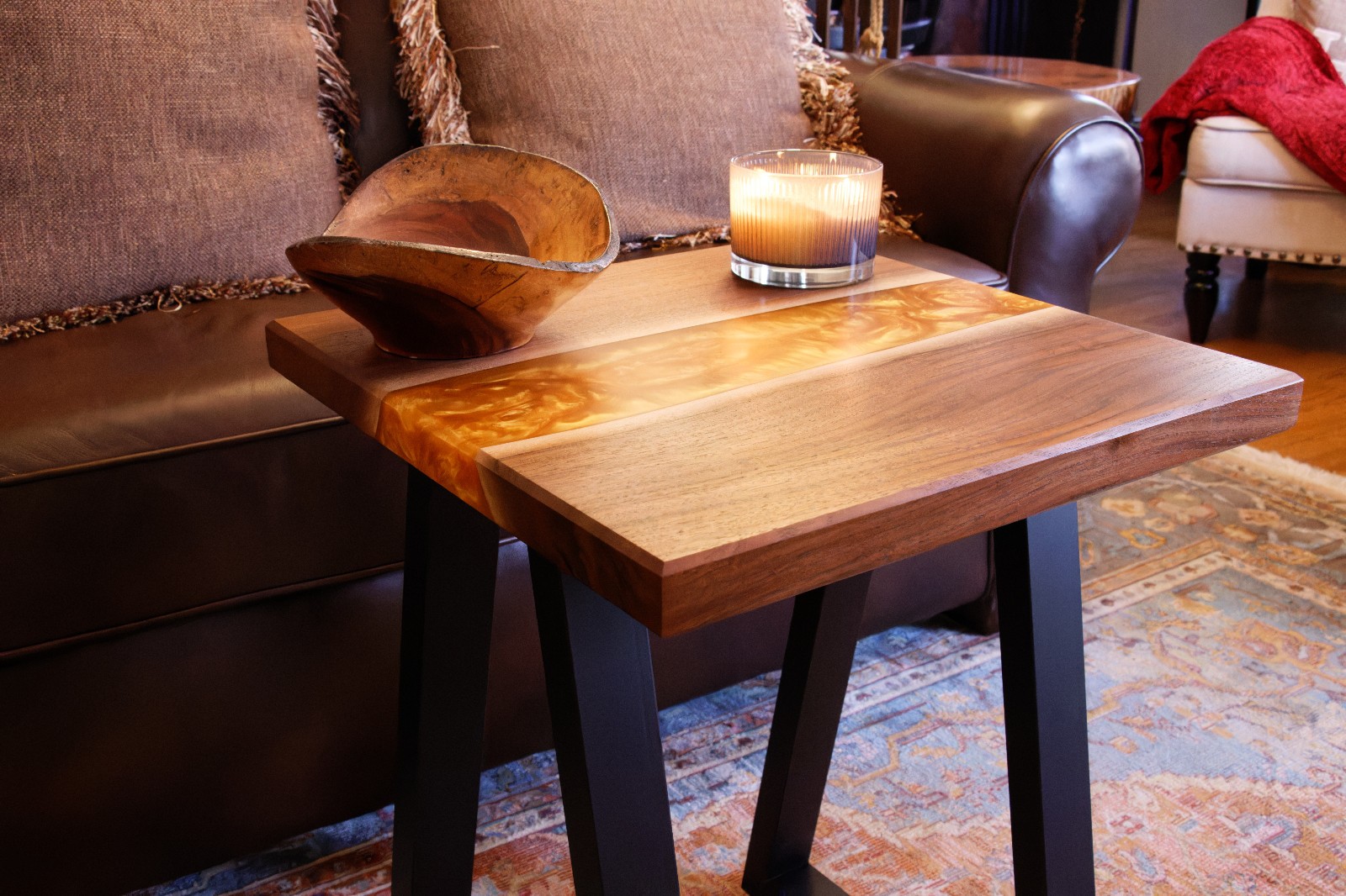 Walnut & Gold Epoxy River Table – 18” x 18” x 22” Tall