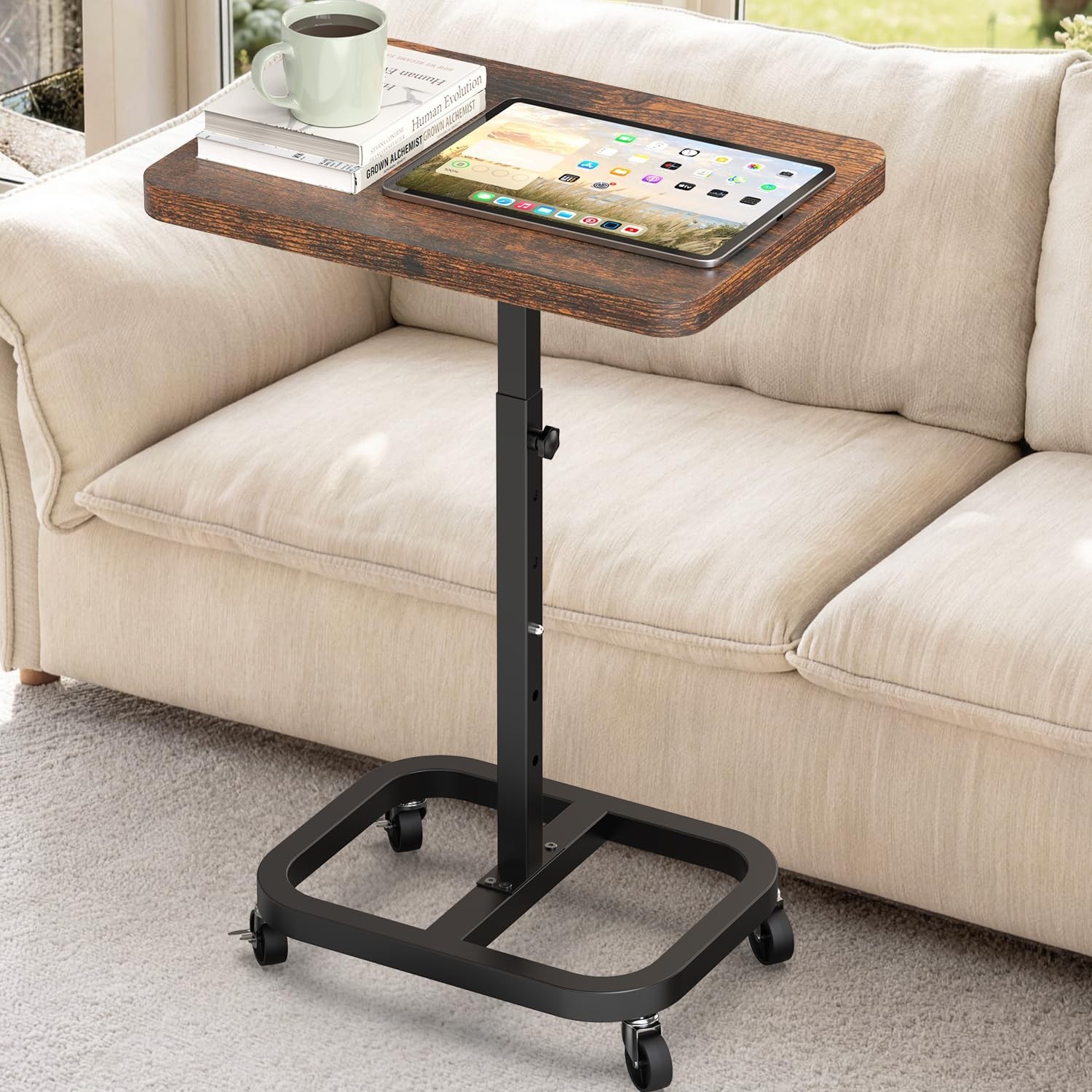Adjustable Height Mobile TV Tray Table W/ Wheels Upgraded Alloy Steel Support &