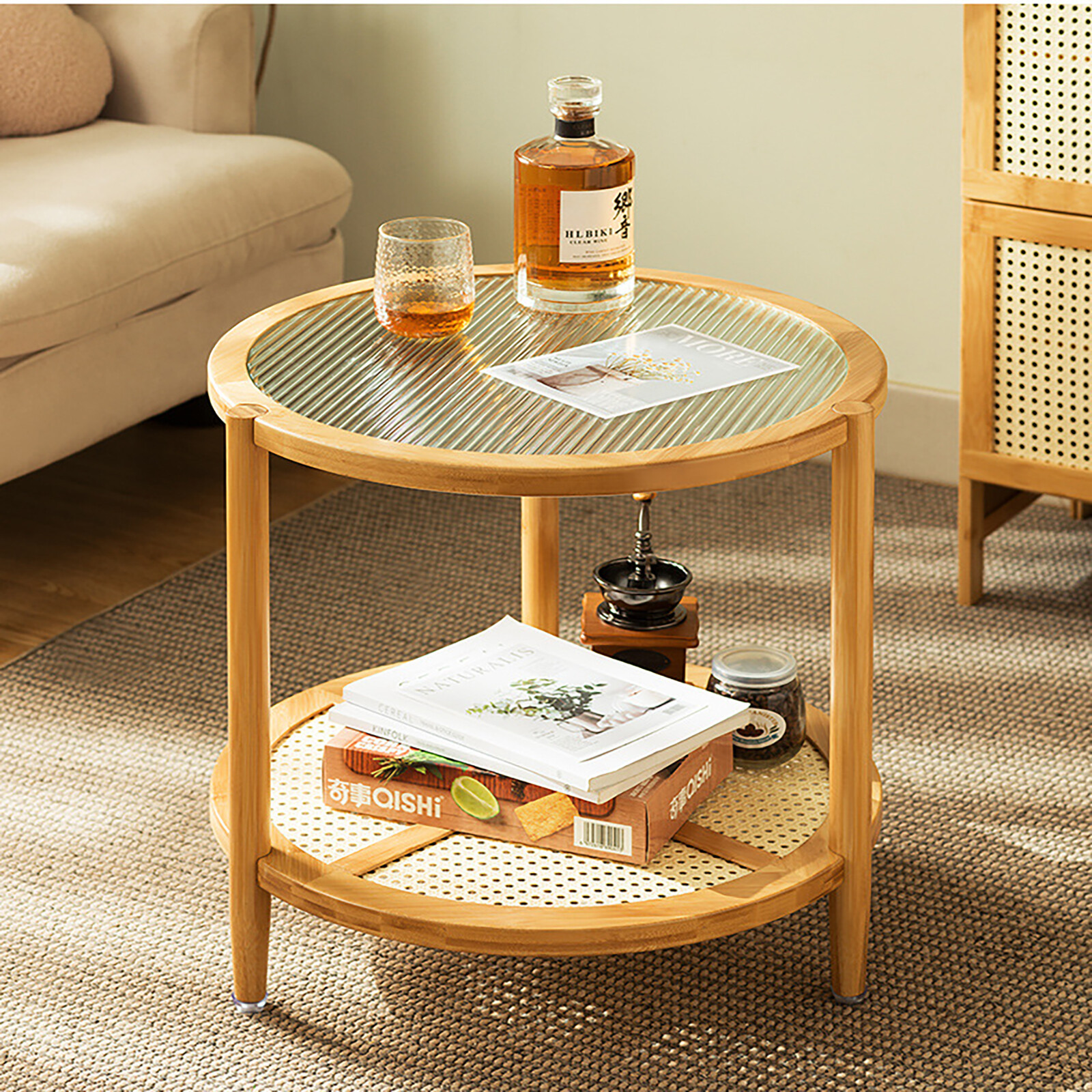 Round Coffee Table,Wood Living Room Table 2 Tiers Indoor End Table?Free Standing