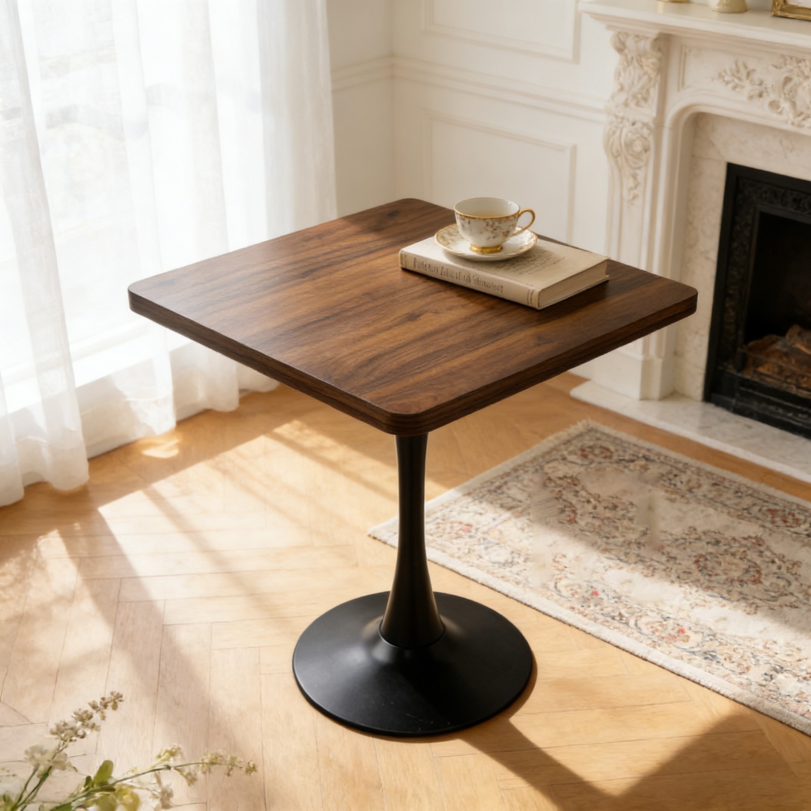 Walnut Tulip Table 27.6″ Mid Century Pedestal for Kitchen Cafe