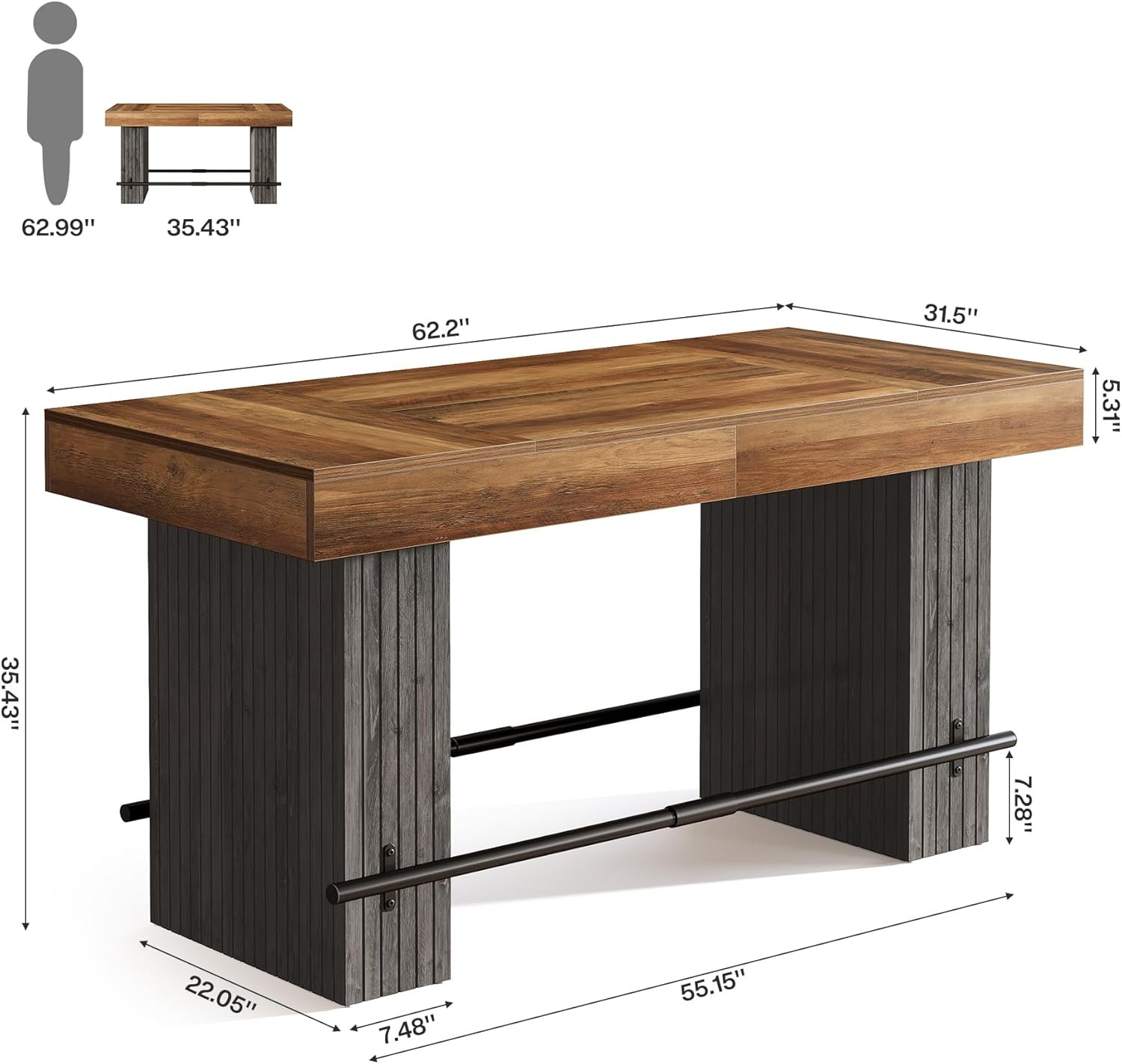 62.2 Inch Bar Table, Industrial Counter Height Pub Table with Metal Footrest