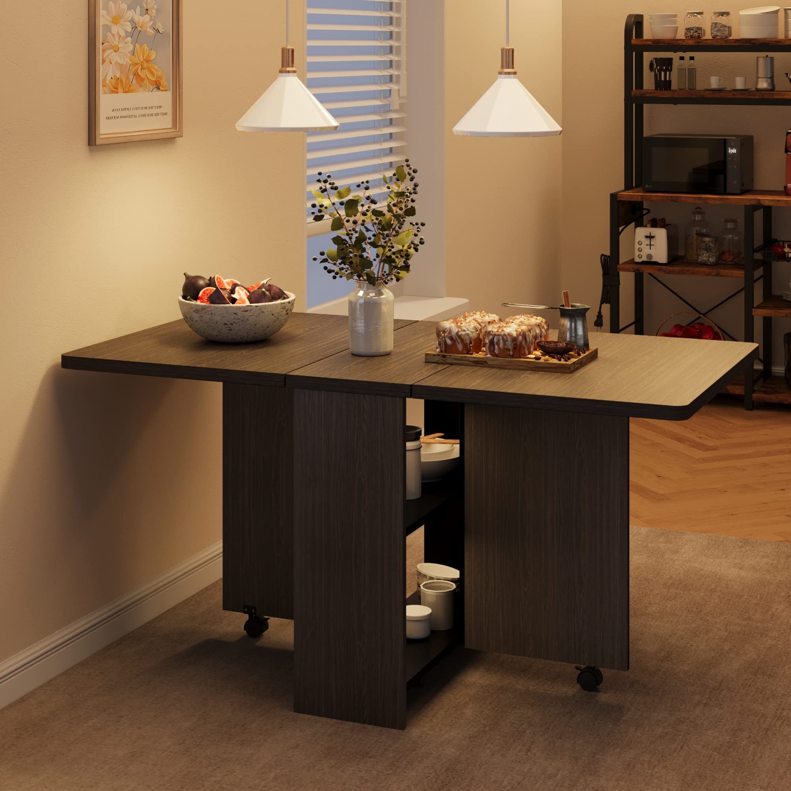 Folding Dining Table with 6 Wheels Storage Racks for Small Kitchen Saving Space