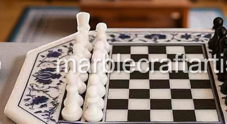 White Marble Inlay Chess Set with Pcs for Adults Lapis Lazuli Floral Art Design
