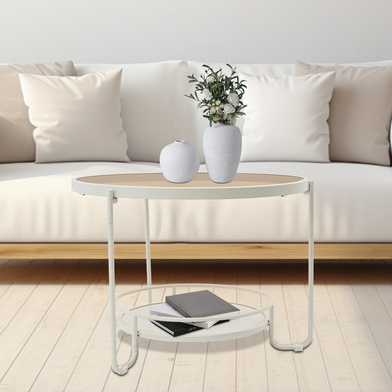 White and Teal Modern Side Table Round Side Table Round Coffee Table W/2 Tiers