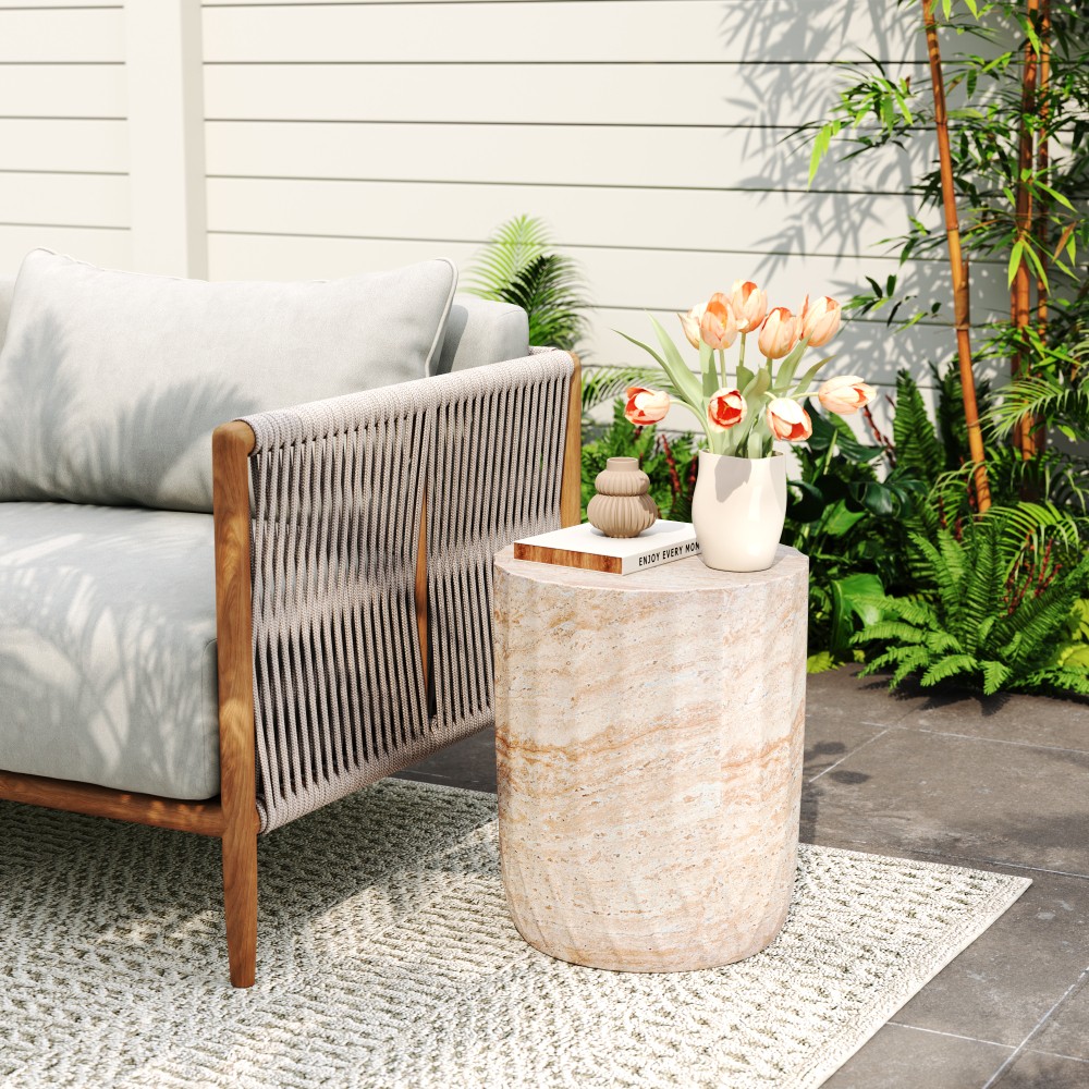 Lightweight Concrete Side Table Cylinder Travertine Finish Accent Table