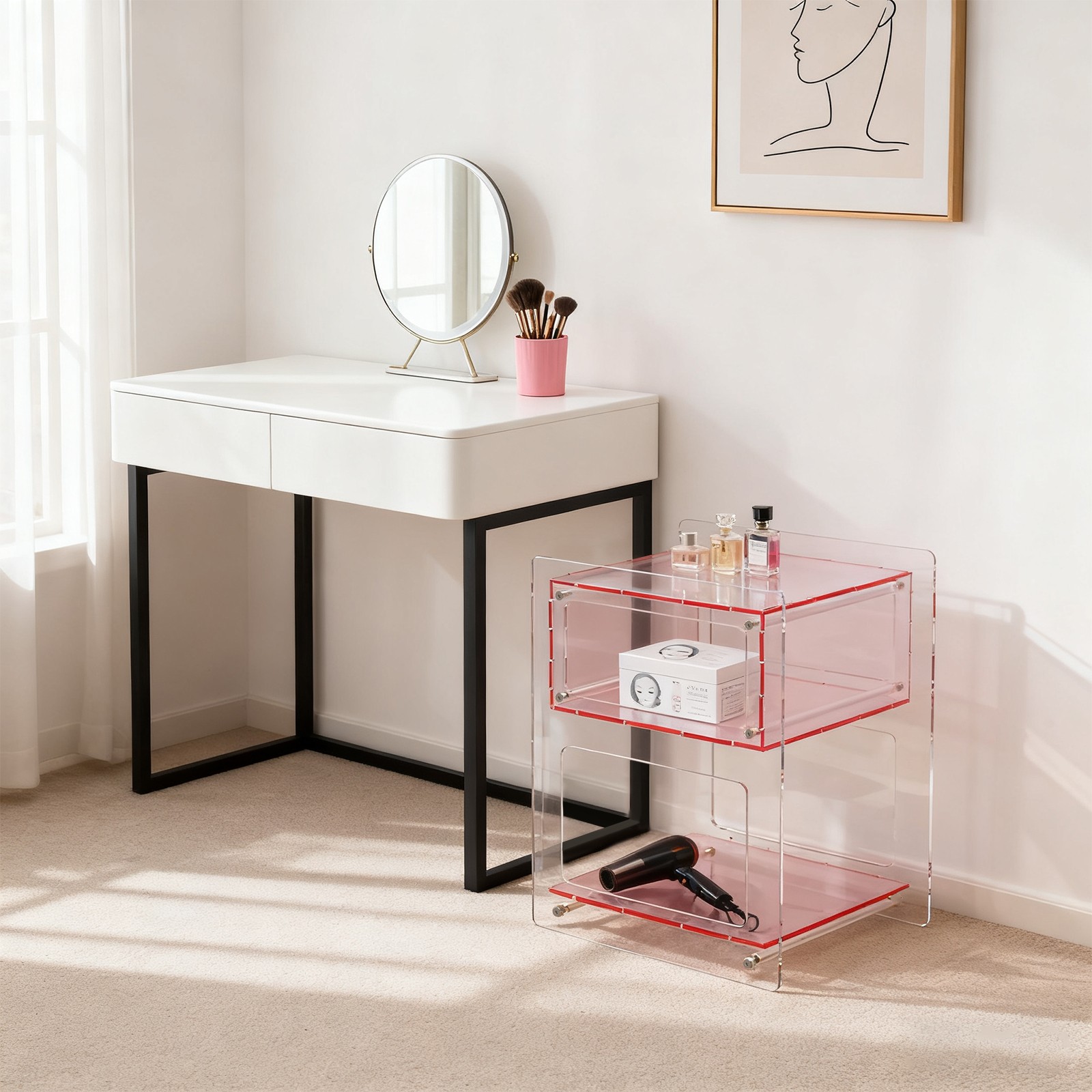 Pink Clear Acrylic End Side Table 2 Tier Decorative Nightstand 15.7″x11.8″x19.7″
