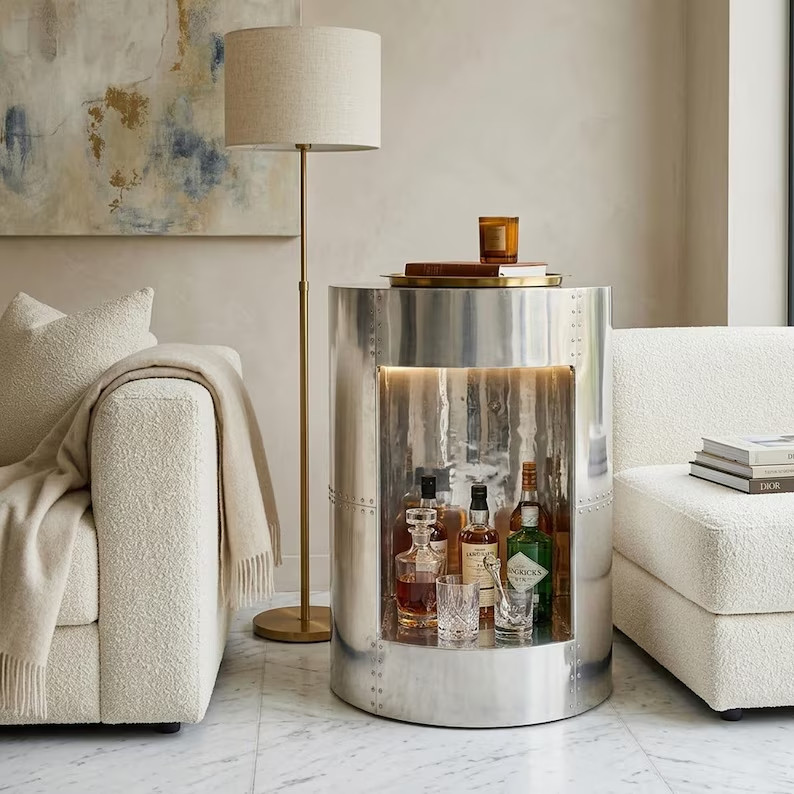 Industrial Aviator Bar Cabinet | Riveted Aluminum Jet Cowling Stool Table Home