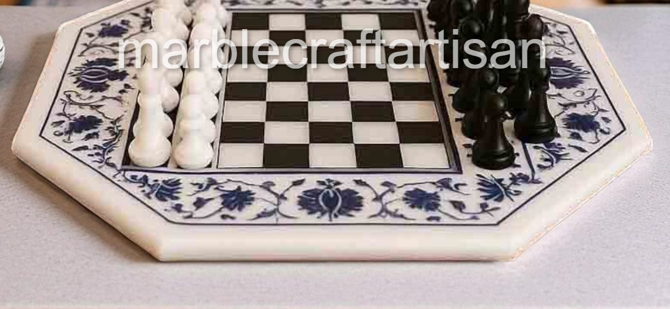 White Marble Inlay Chess Set with Pcs for Adults Lapis Lazuli Floral Art Design