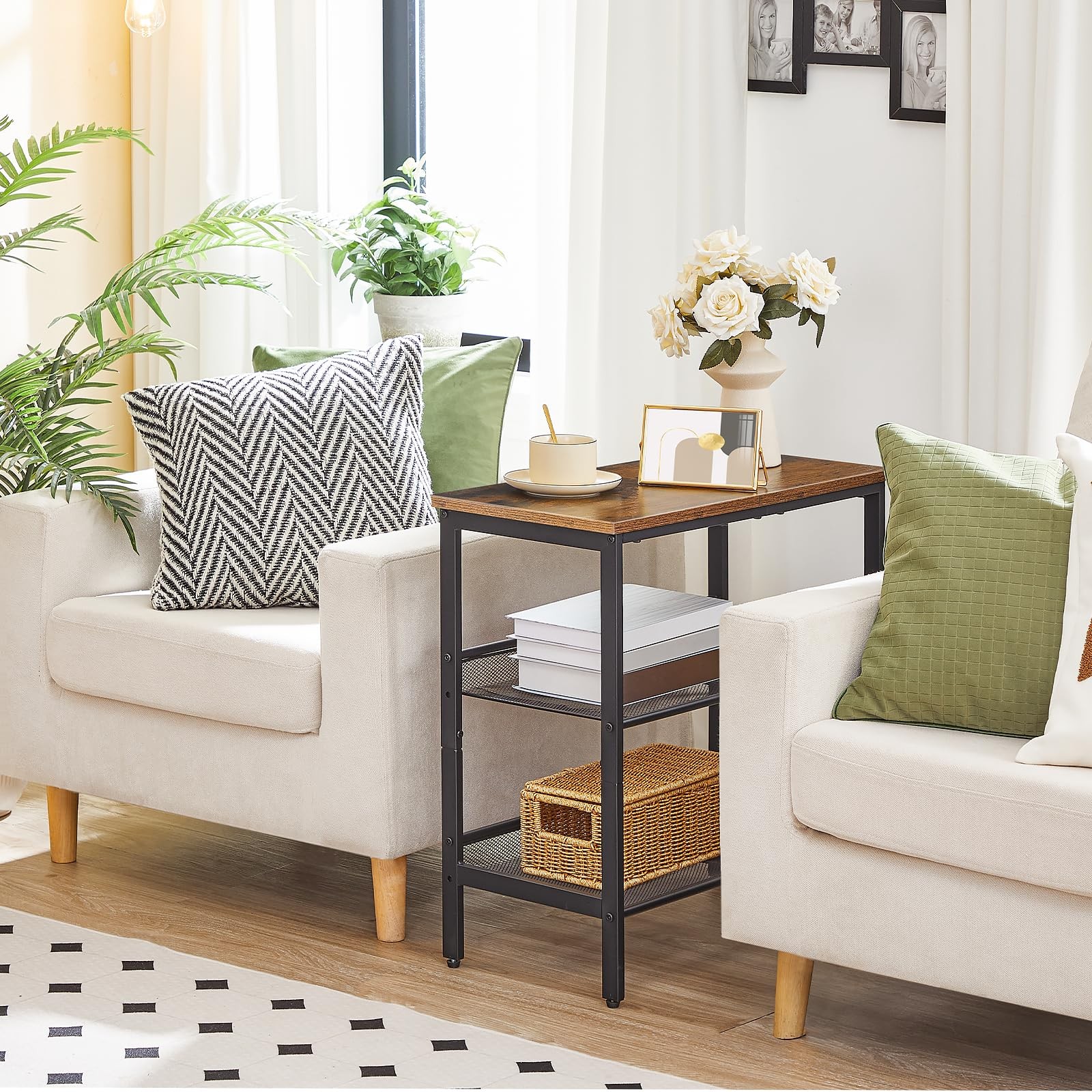 End Table, 3-Tier Narrow Side Table, Nightstand with 2 Flat or Slant Adjustab…