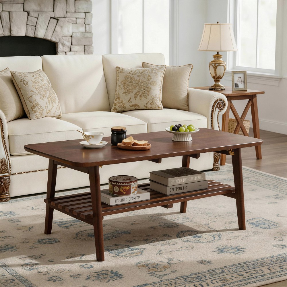 Walnut Brown Wooden Coffee Table, Mid-Century, Rectangular with Storage Shelf