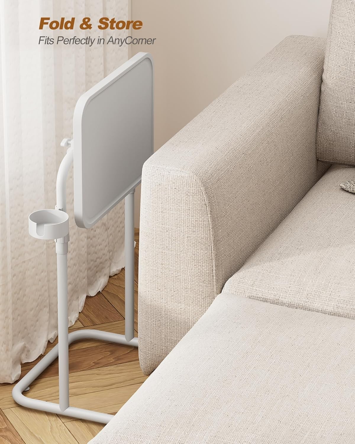 Stylish White C-Shaped Couch Table – Adjustable Height and Space-Saving Design