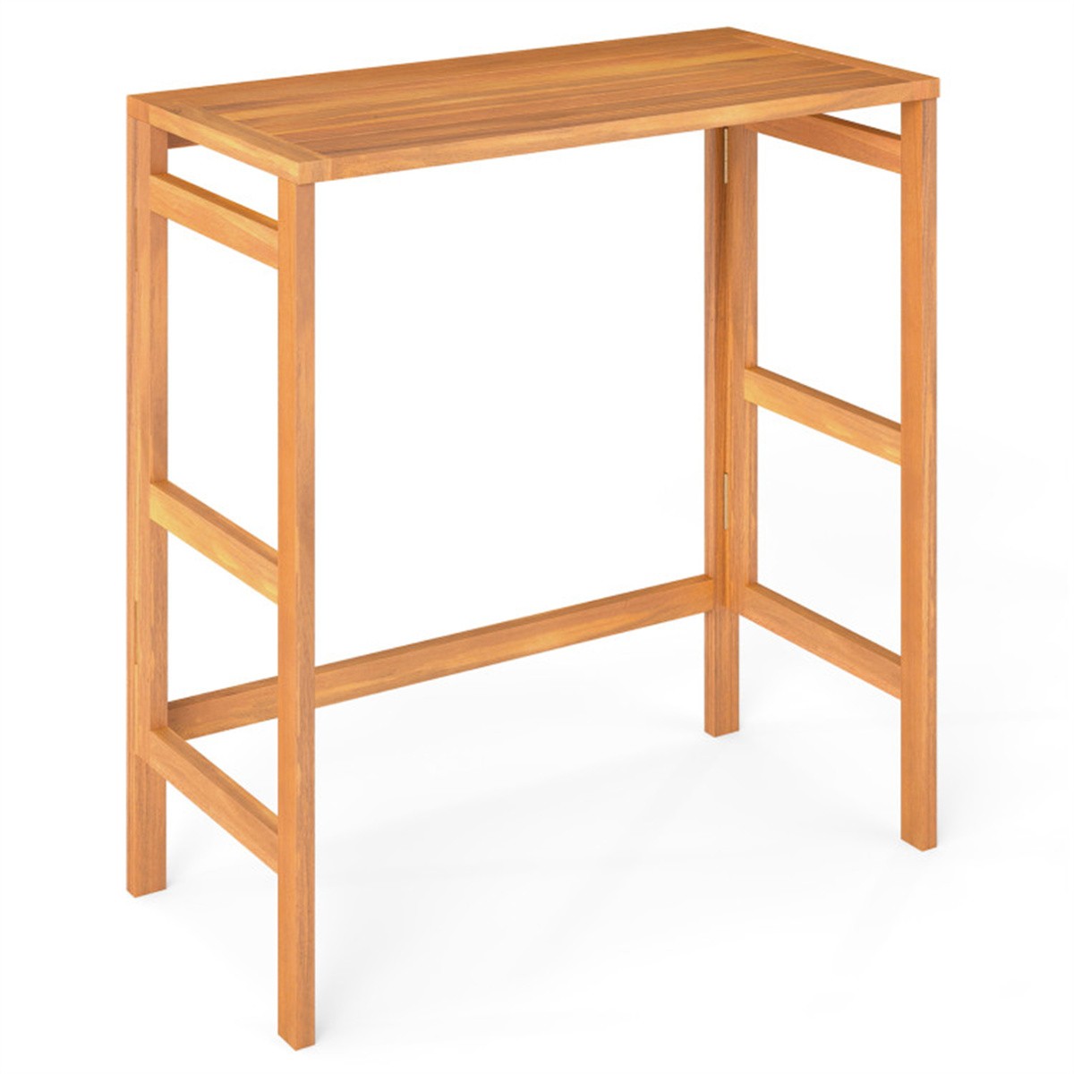 Natural Acacia Wood Foldable Patio Bar Table with Footrest Slatted Top Pub Table