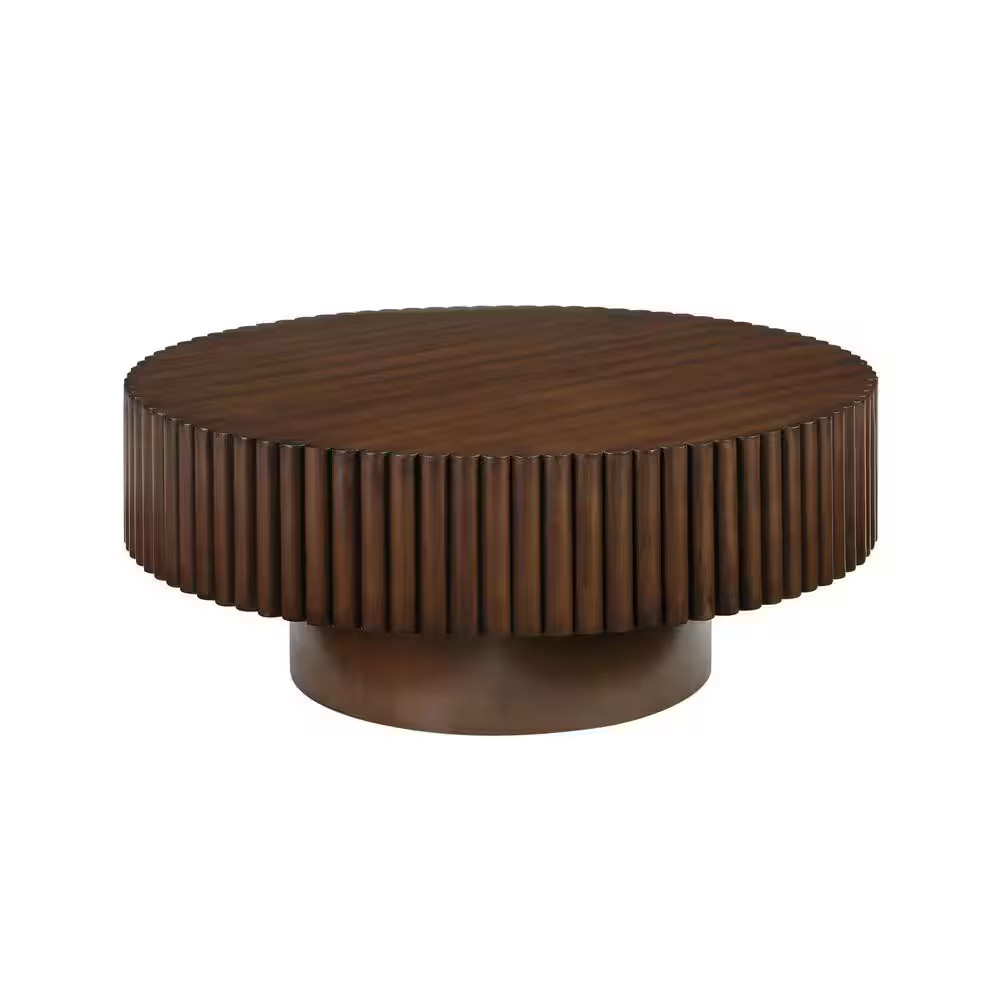 32 In. Walnut round Wood Coffee Table, Fluted Drum Tea Table, Retro Circle Cente