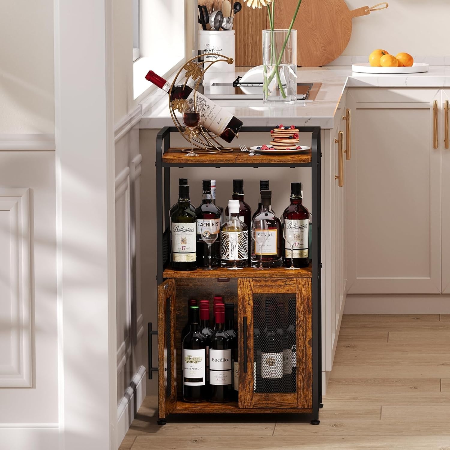 Small coffee bar cabinet with storage 3 tier rolling coffee cart rustic brown