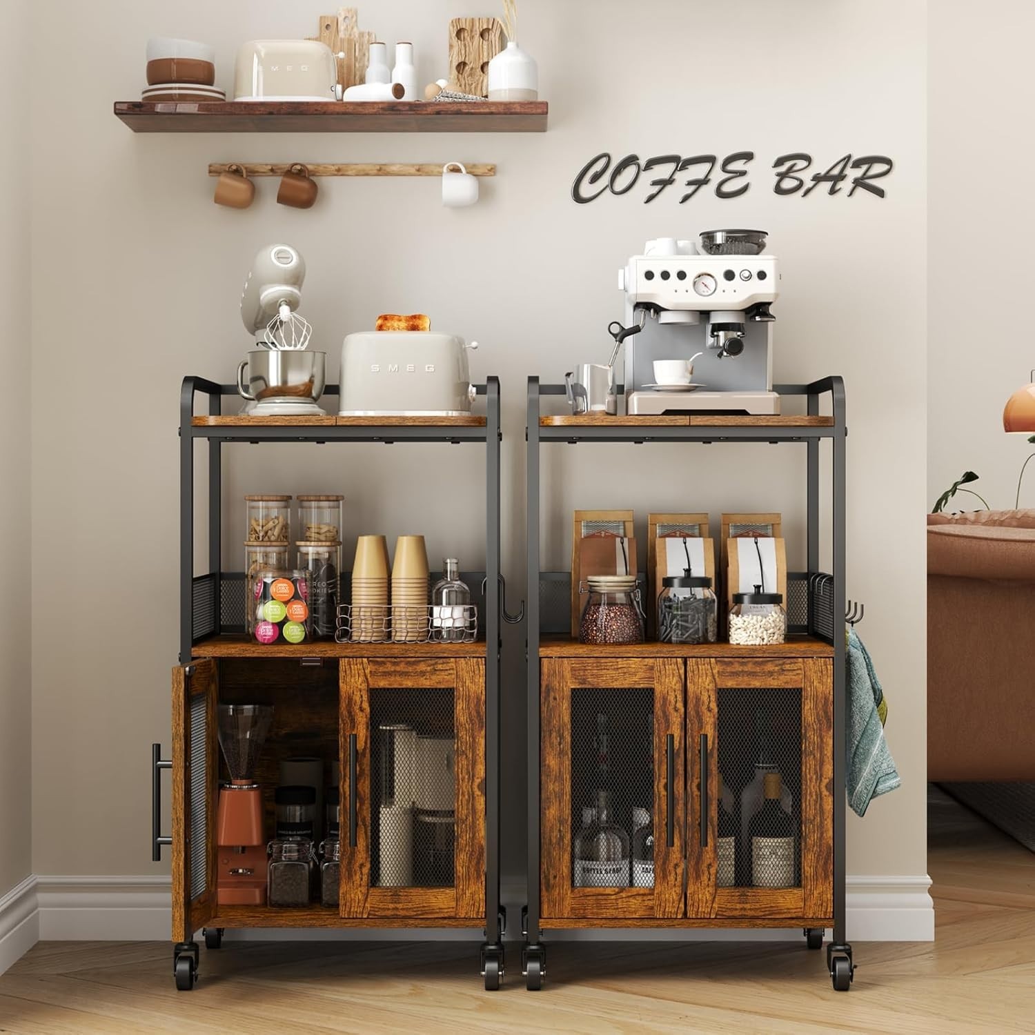 Small coffee bar cabinet with storage 3 tier rolling coffee cart rustic brown