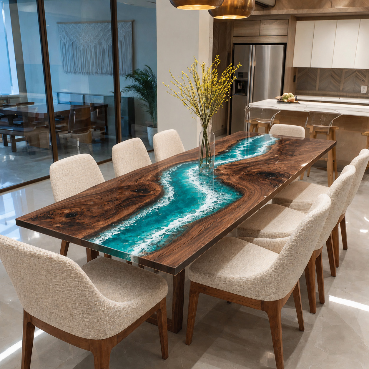 Handmade Walnut Epoxy River Dining Table Ocean Wave Resin Kitchen Table12X24