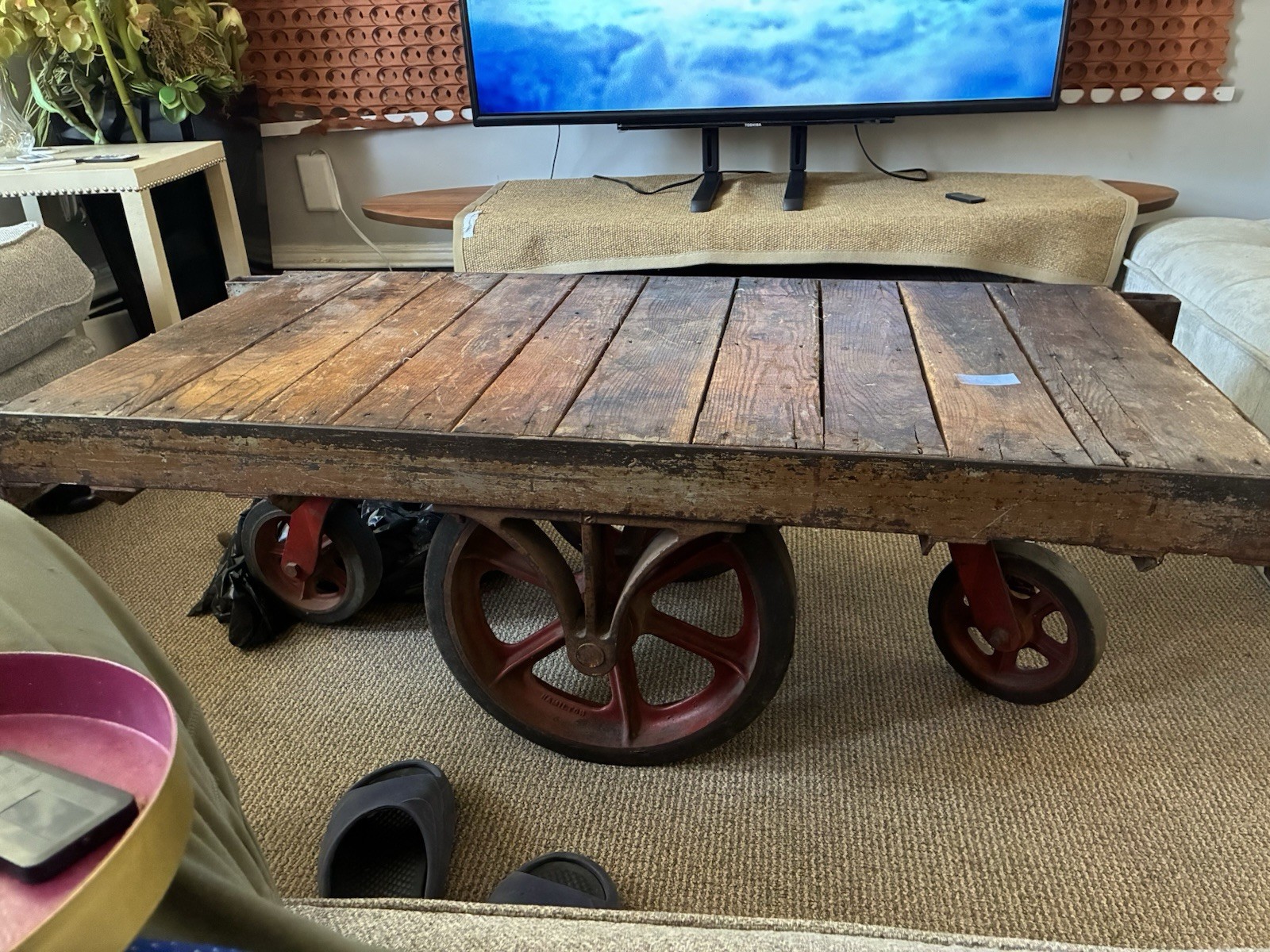 Industrial Rustic Dark Wood Top Metal Wheeled Rectangular Coffee Table