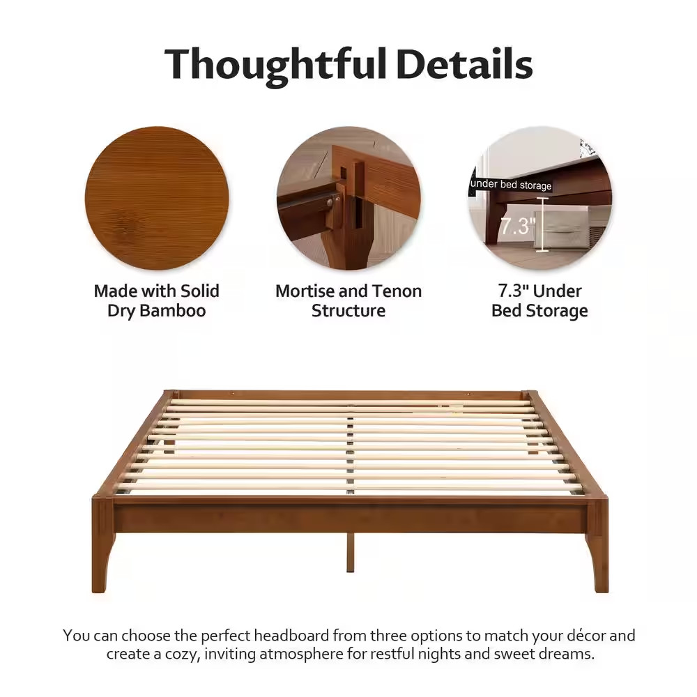 Brown 100% Solid Dry Bamboo Wood Frame Full Size Platform Bed with Additional Ce