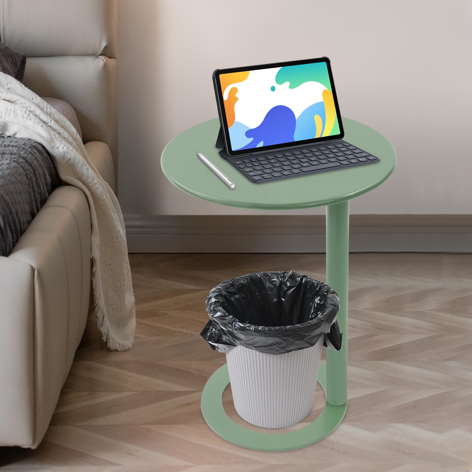 C-Shaped Coffee Table O-Shaped Base Round Top Space Saving Sofa Side Home Table