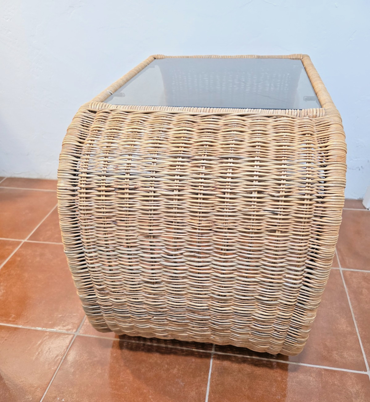 Vintage 1970s Wicker Waterfall Side End or Coffee Table Smoky Glass Top MCM Boho
