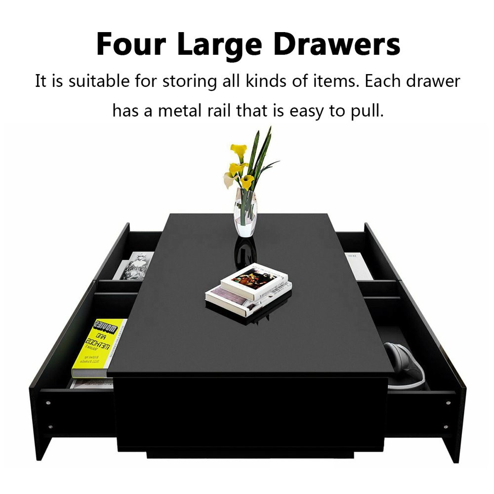 Hommpa Coffee Table with 4 Drawers LED Center Table Black High Gloss Finish