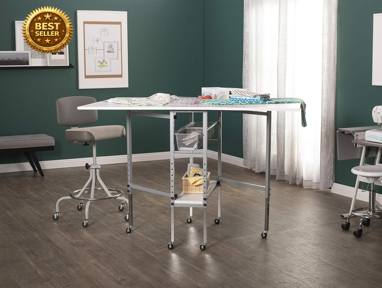 Foldable Hobby Cutting Grid Table 58.75″ Adjustable Craft Sewing Desk White