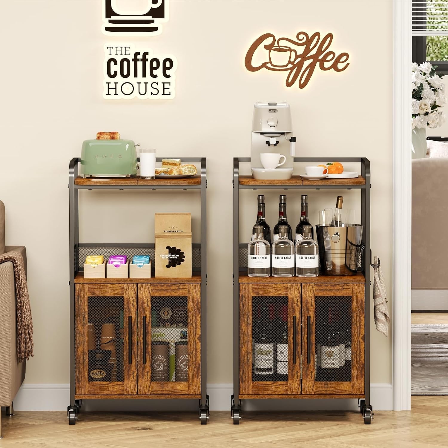 Small coffee bar cabinet with storage 3 tier rolling coffee cart rustic brown