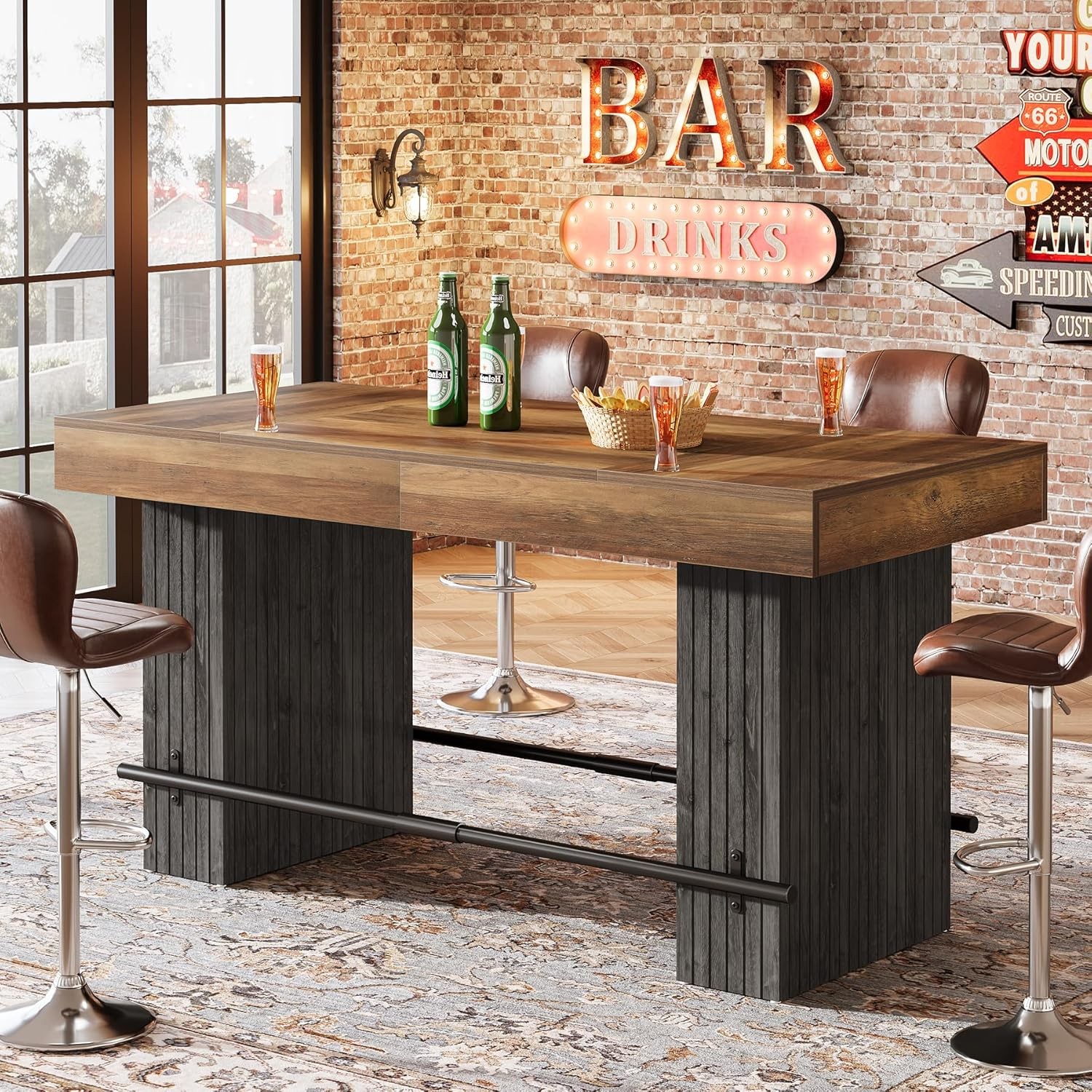 62.2 Inch Bar Table, Industrial Counter Height Pub Table with Metal Footrest
