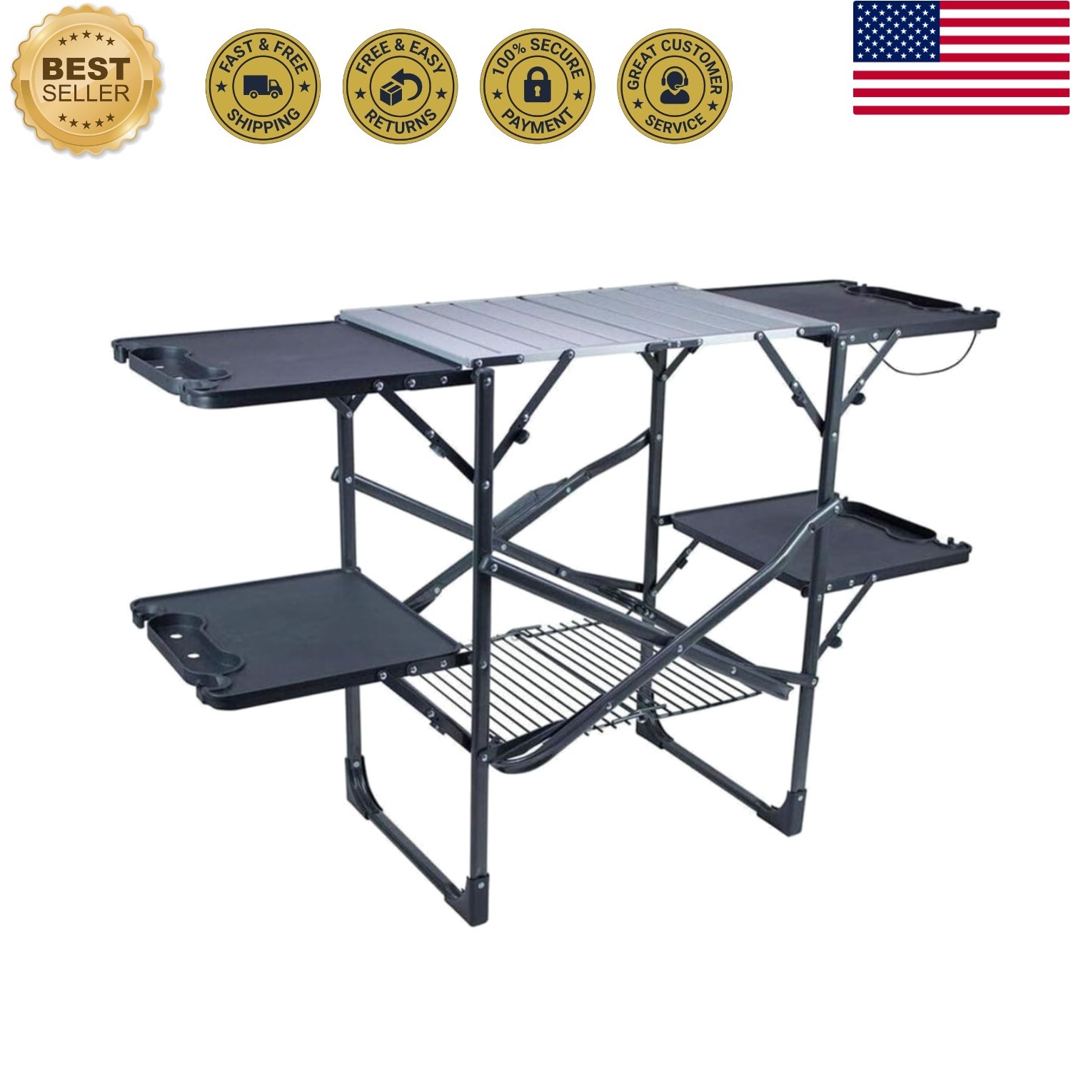 Portable Folding Kitchen Table Slim Fold Cook Station with Side Tables and Rack