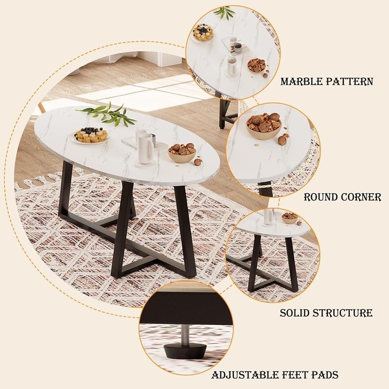 Oval Coffee Table Modern Marble Finish Sturdy Metal Legs Easy Assembly New