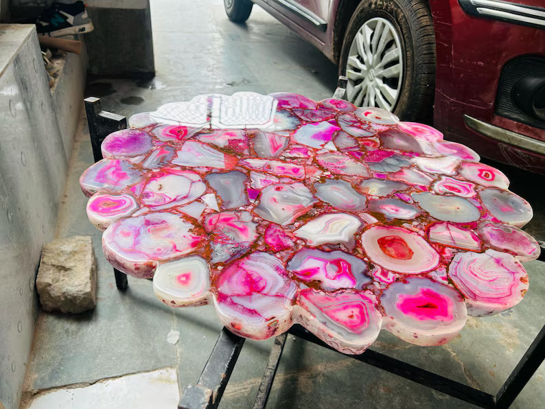 Pink Agate Round Scalloped Table Handmade Luxury Gemstone Accent Table 24″