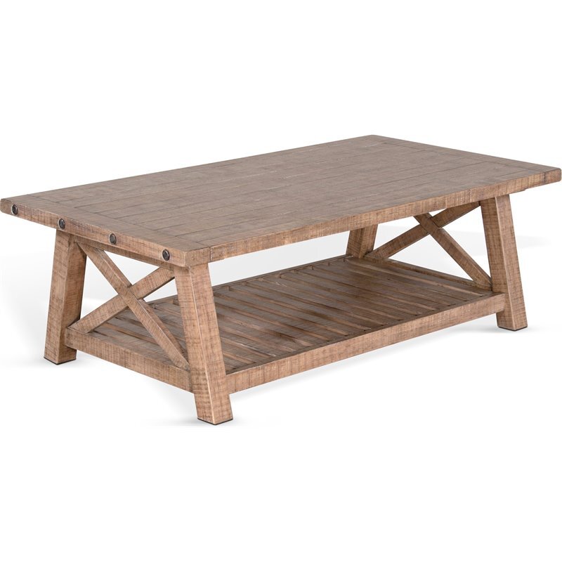 Pemberly Row 52″ Farmhouse Mahogany Wood Coffee Table in Light Brown