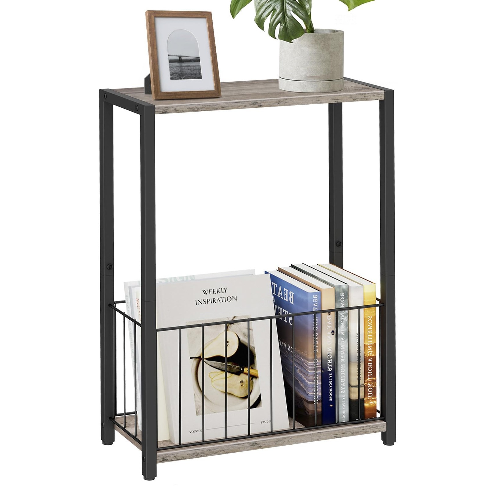 Narrow Side Table Magazine Holder Skinny End 7.1×16.9×23.6 Inch Greige
