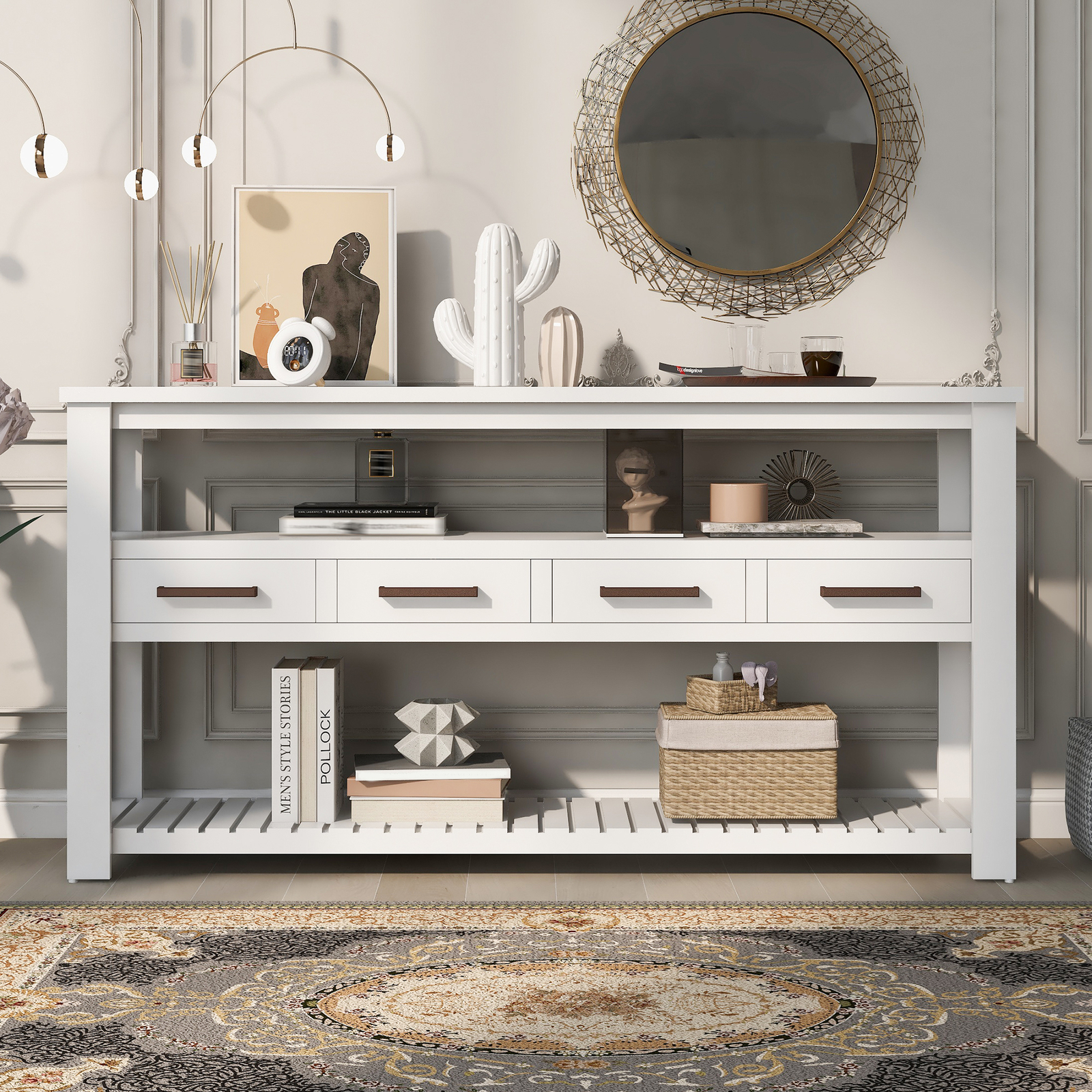 Console Table 62″ Extra Long Modern Console Table with 4 Drawers and 2 Shelves