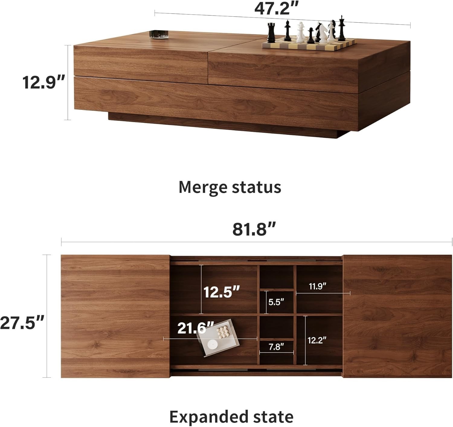 Mid Century Coffee Table with Storage Adjustable Table for Living Room Walnut