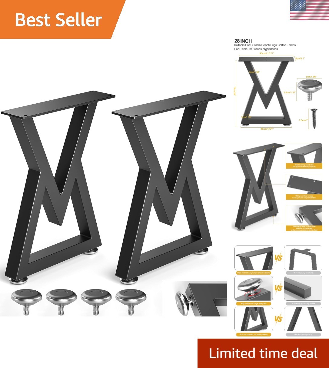 28-Inch Black Metal Furniture Legs for DIY Coffee Tables & Desks – Easy Install