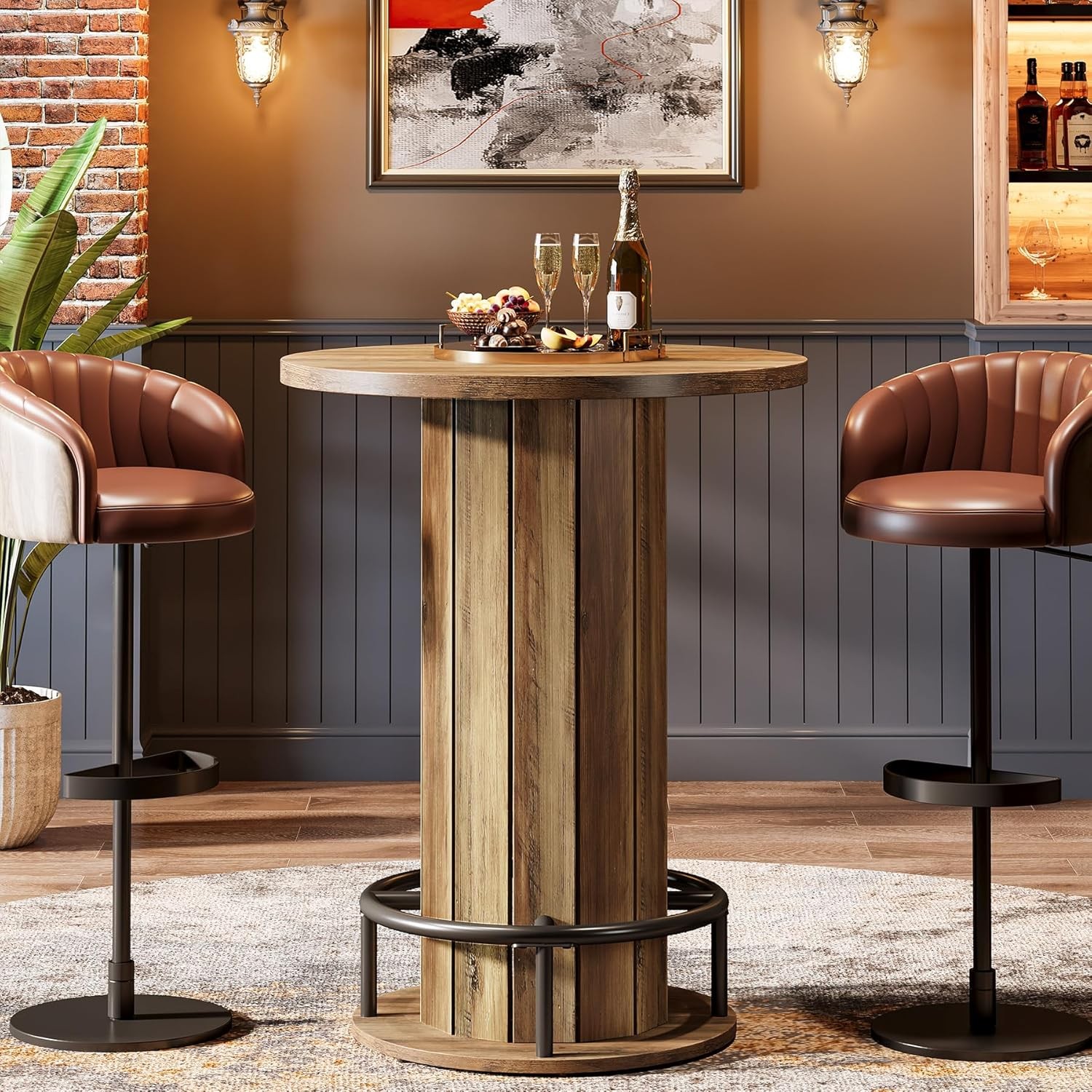 Round Bar Table, 39.4″ H Wood Bistro Pub Table with Metal Ring Footrest Brown