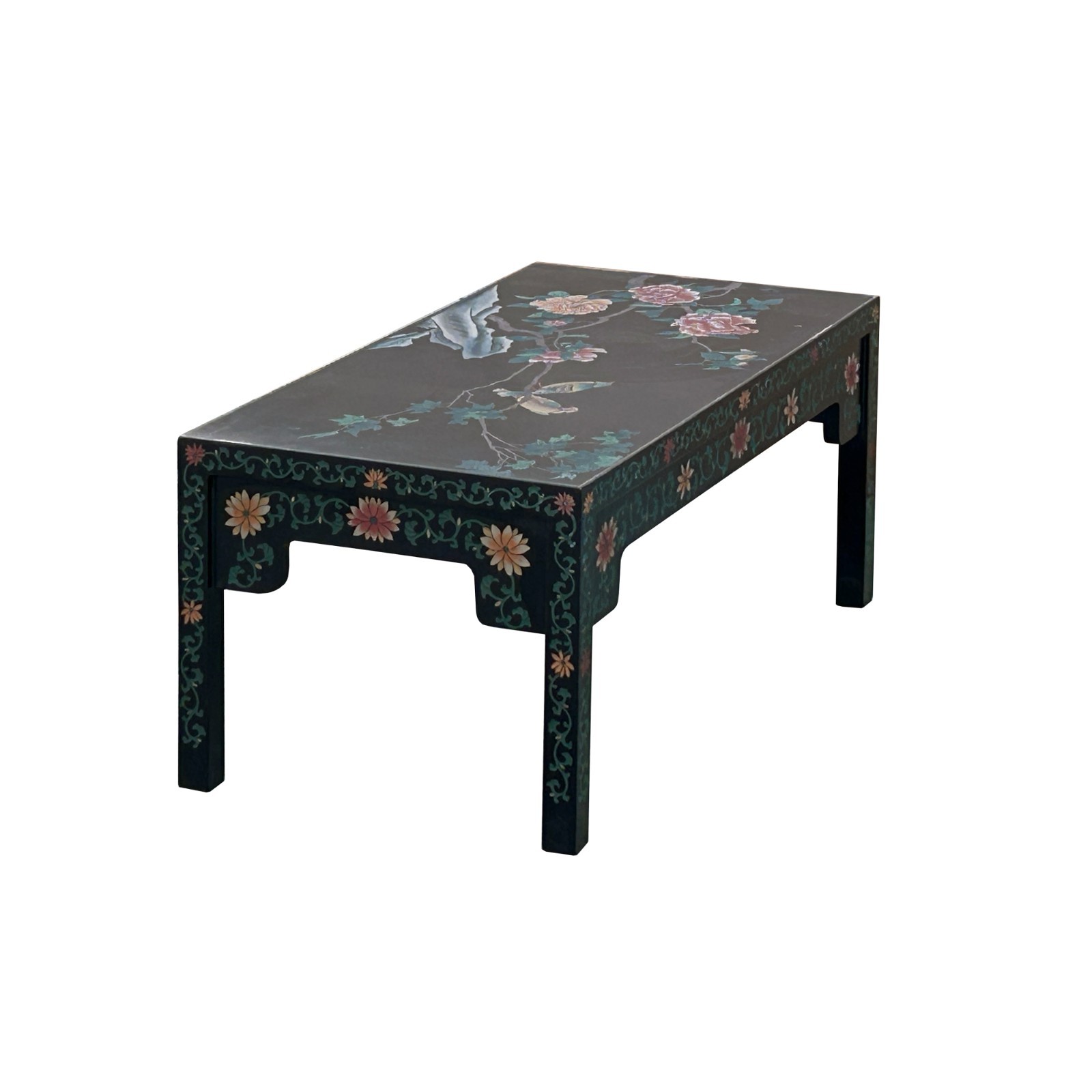 Chinese Black Lacquer Flower Birds Graphic Rectangular Low Coffee Table GB144