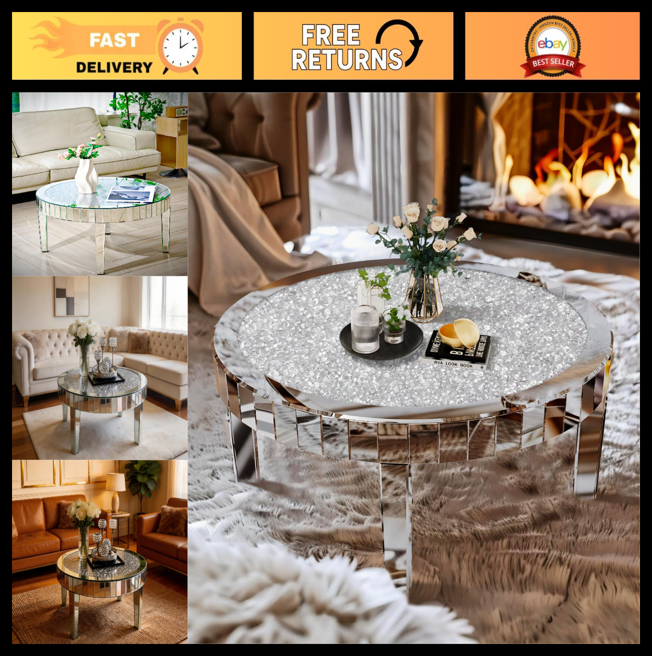 Round Silver Mirrored Coffee Table – 31.5in Crushed Diamond Top | Glam Living Ro