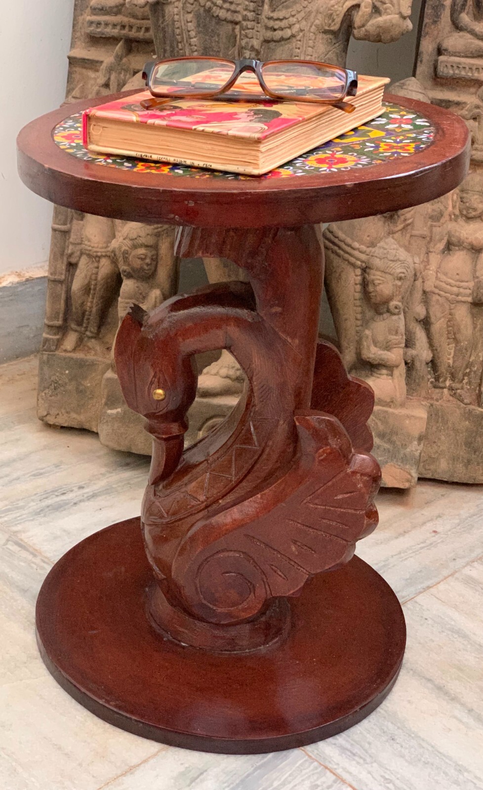 Wooden table multi color ceramic tiles fitted stool hand carved duck bird statue