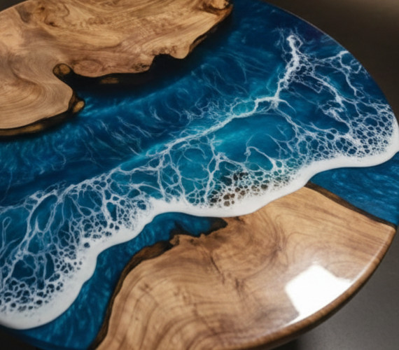 18″ Small Round Ocean End Table Blue Resin River Art with Stones & Natural Moss
