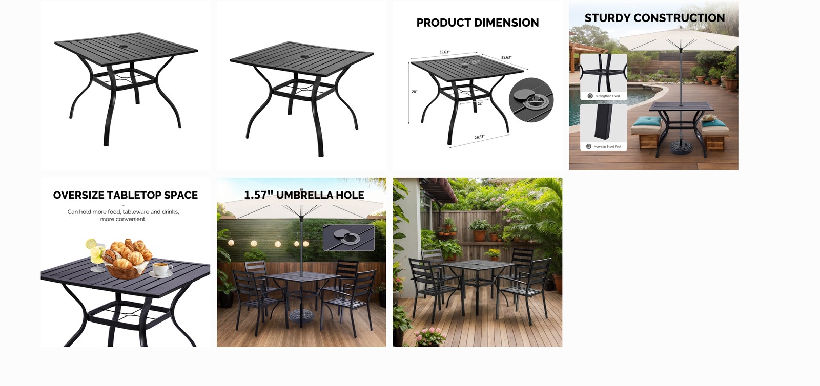 In/Outdoor 28in High Patio Table Metal Frame Slatted Top Umbrella Hole Garden