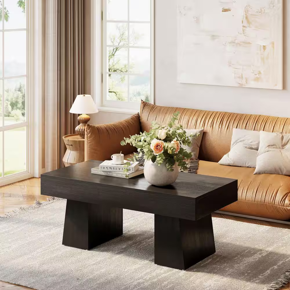 Kerlin 47 In. Black Rectangle Engineered Wood Coffee Table with Thick Base, Mode