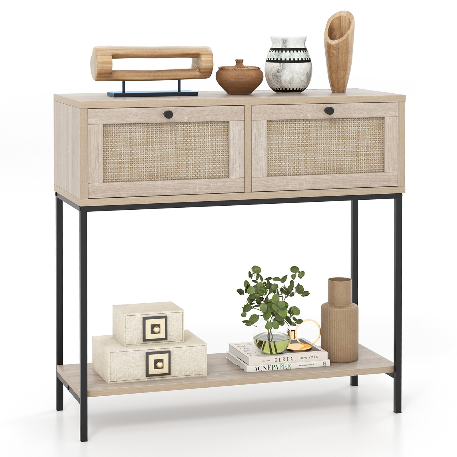 2-Tier Boho Style Accent Foyer Table with 2 Drawers & Open Storage Shelf