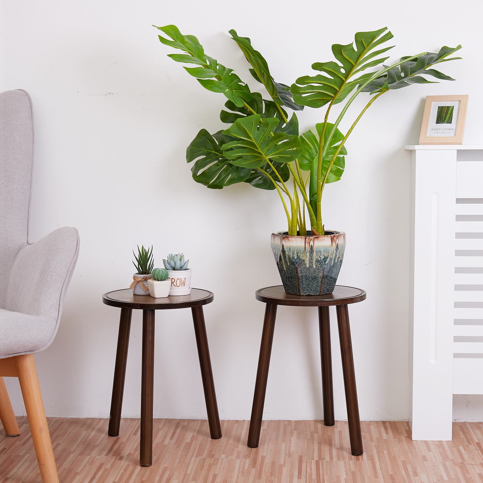 2x Rustic Side Table Round Wood Plant Stand 42cm Tall 3-Leg Stool Furniture Home