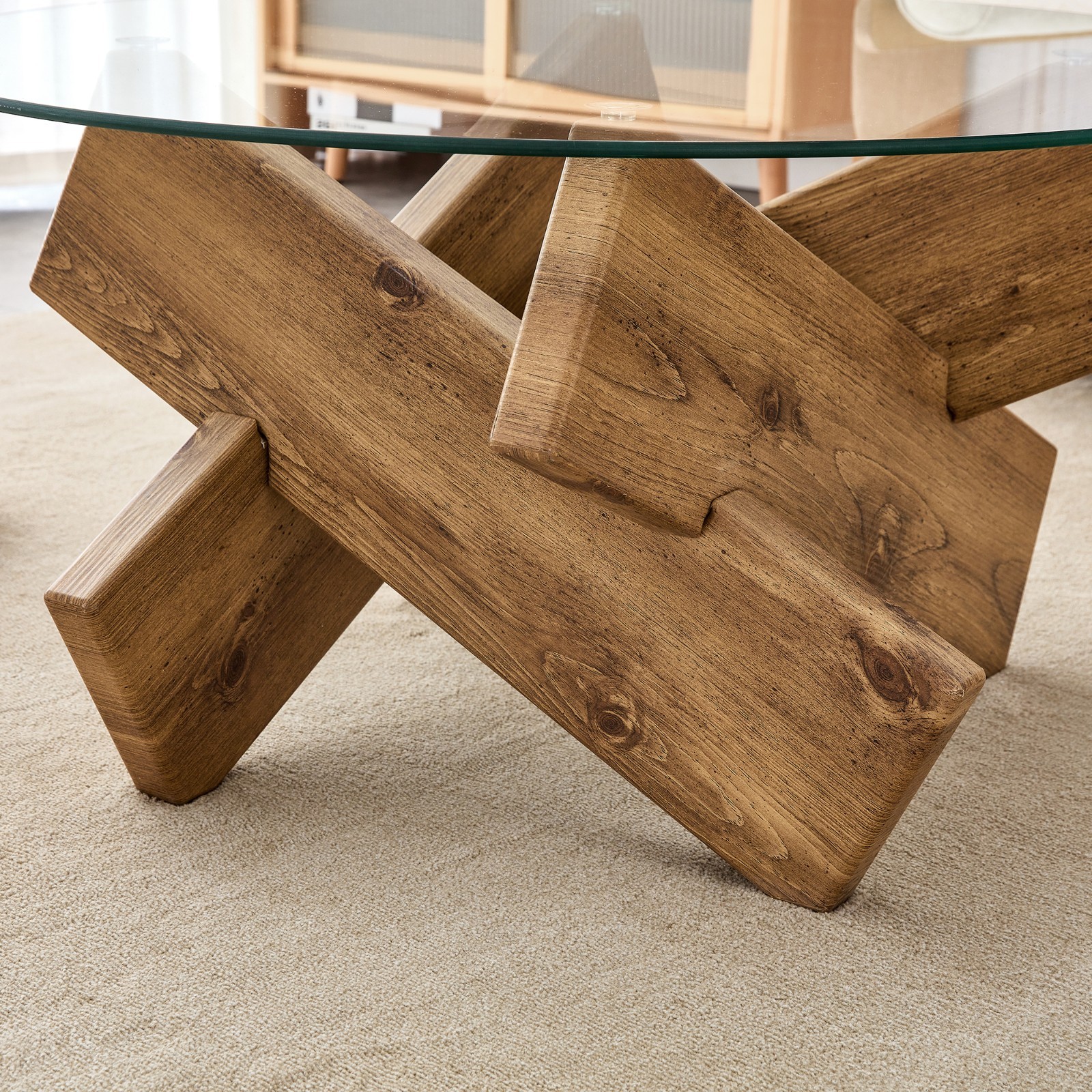 33.4″ Round Tempered Glass Coffee Table Cross MDF Wood Leg Modern Farmhouse