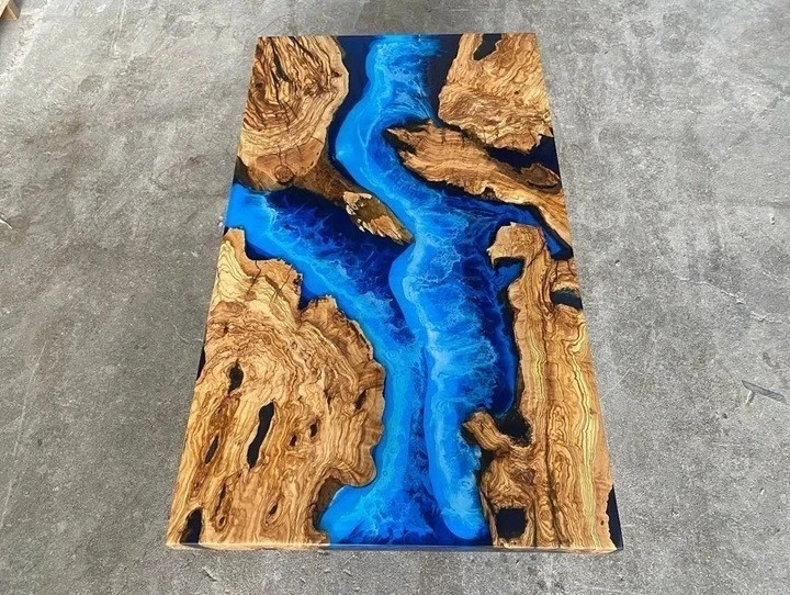Live Edge Wood Coffee Table Blue Epoxy River Table Handmade Designer Table