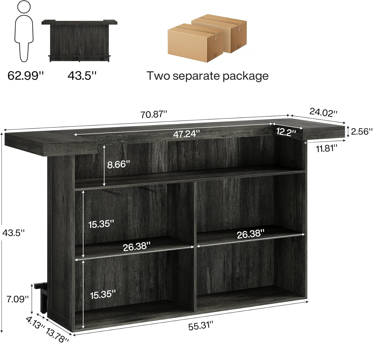 70.9-Inch Large Bar Table Industrial Wooden Home Bar Unit with Storage Shelves
